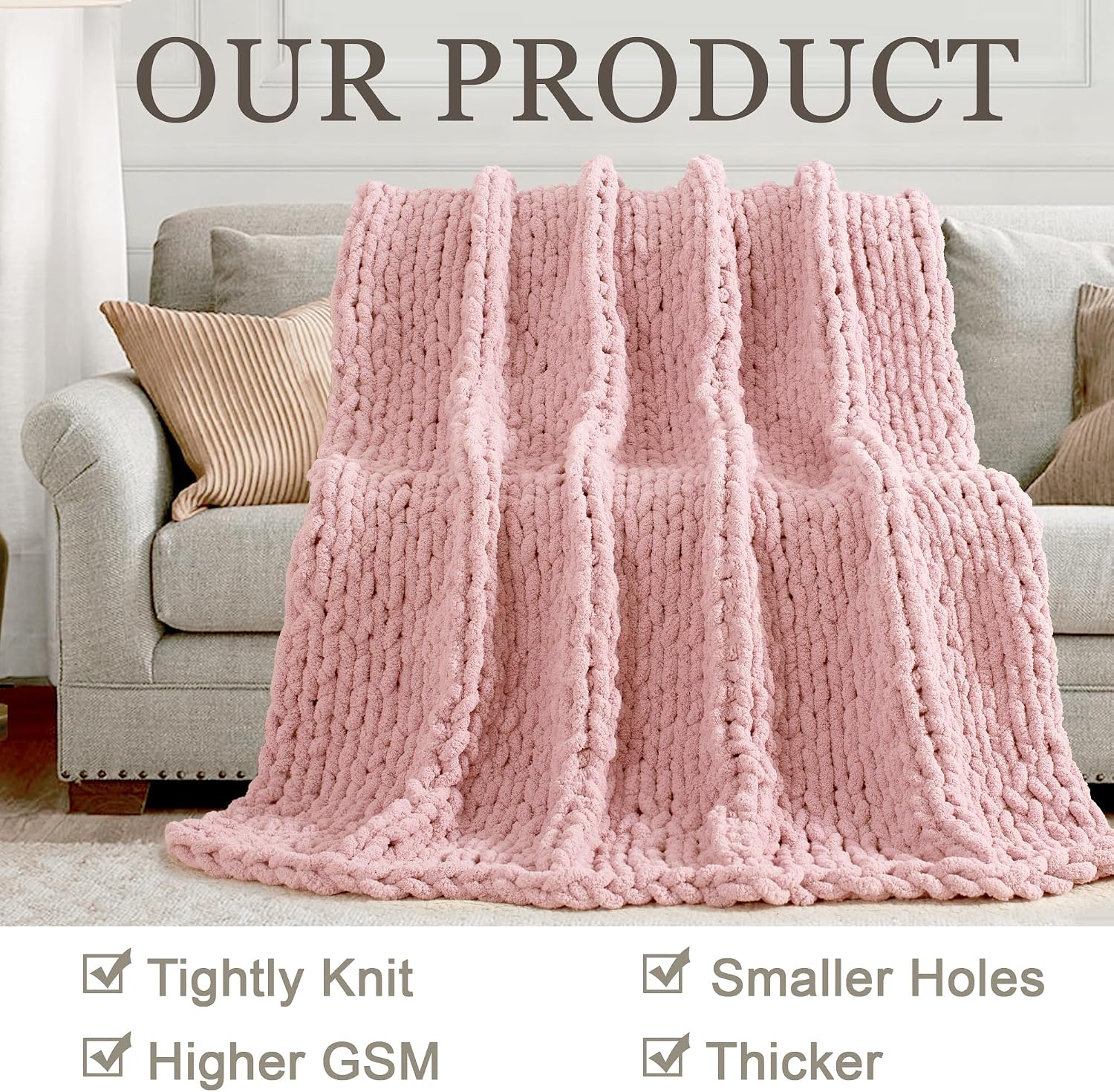 Dusty Pink Handmade Cable Knit Chenille Throw