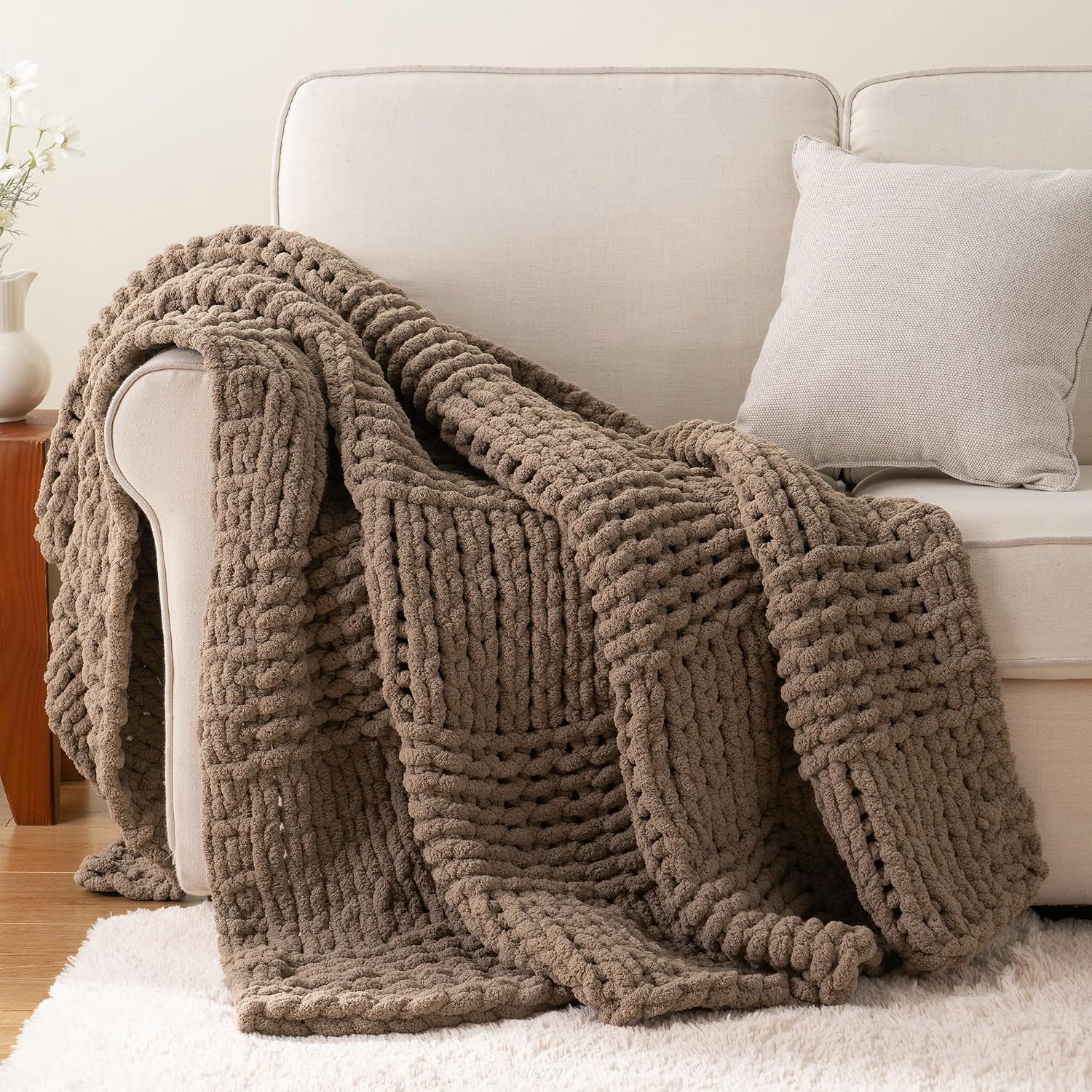 Beige Chunky Knit Couch Throw Blanket