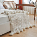 White Pom Pom Tassel Chenille Knit Throw