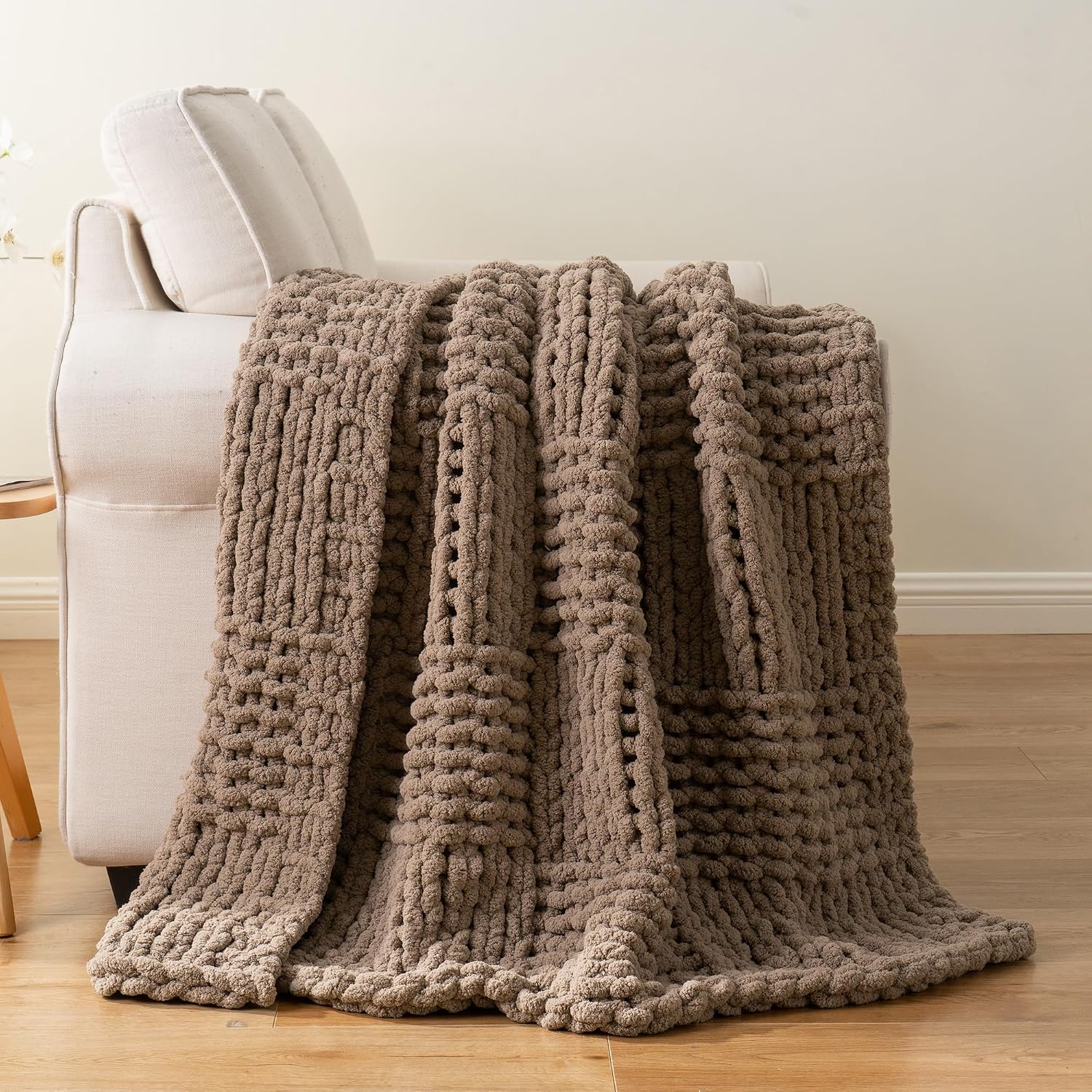Beige Chunky Knit Couch Throw Blanket