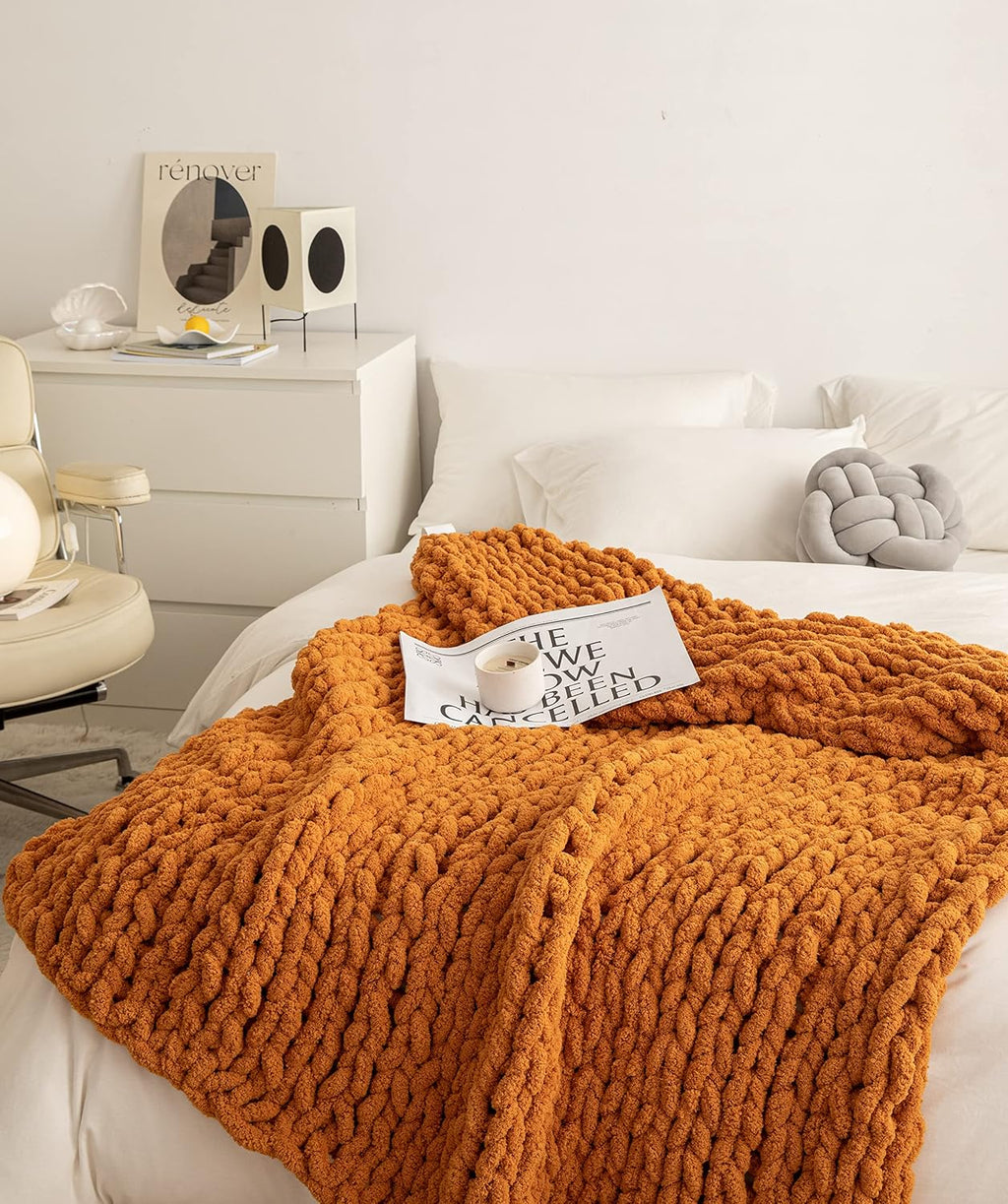 Burnt Orange Chunky Chenille Knit Throw
