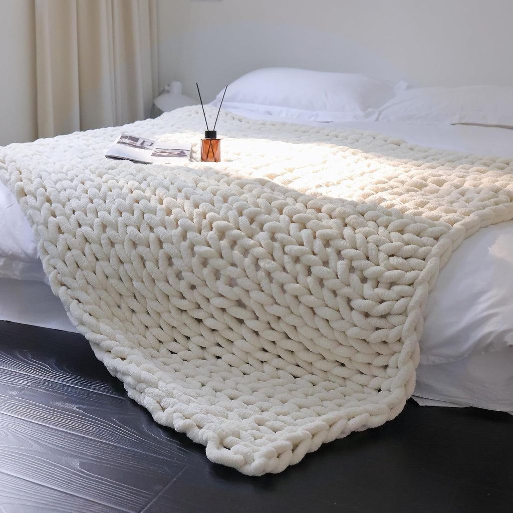 Cream Handmade Chenille Chunky Knit Throw