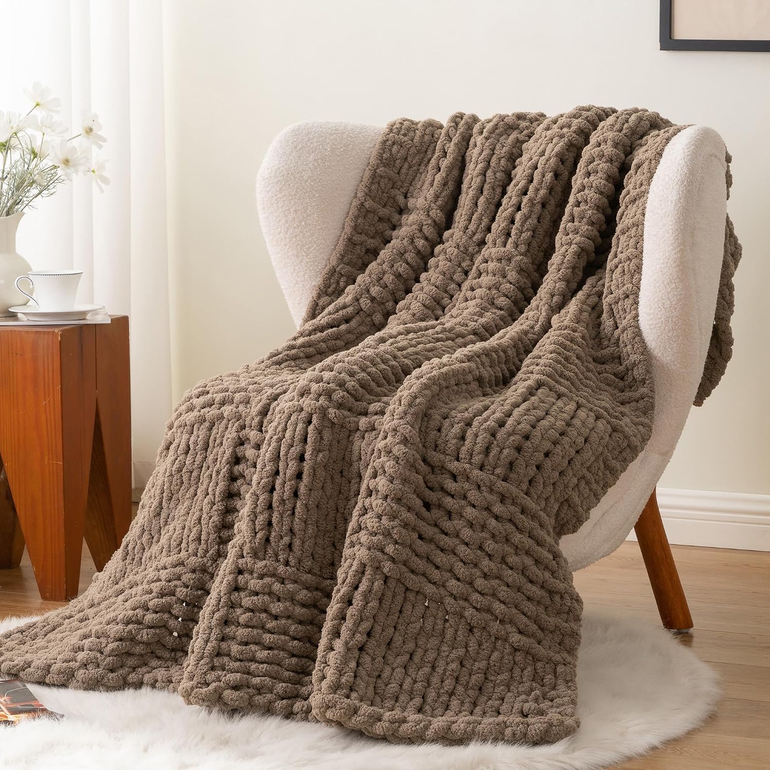 Beige Chunky Knit Couch Throw Blanket